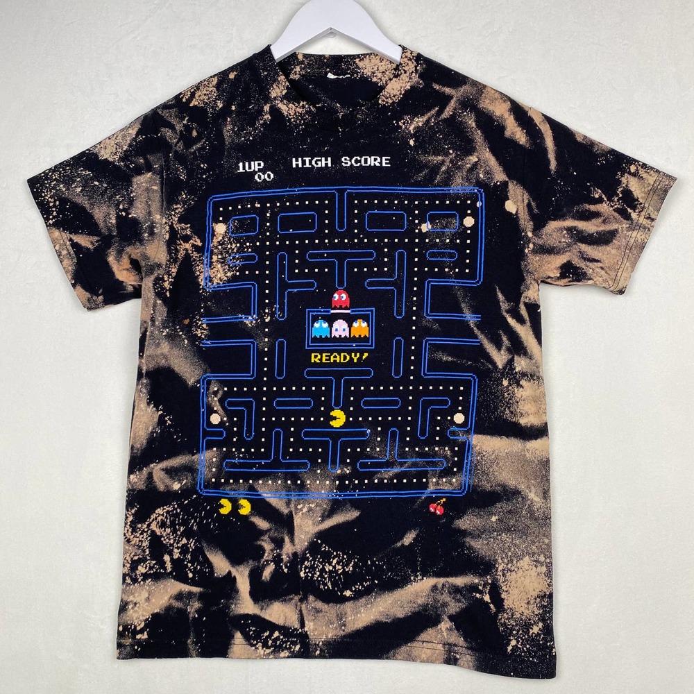 Pac-Man Graphic Print Custom‎ Reverse Tie Dye Sz M Gaming Short Sleeve Tee Shirt
